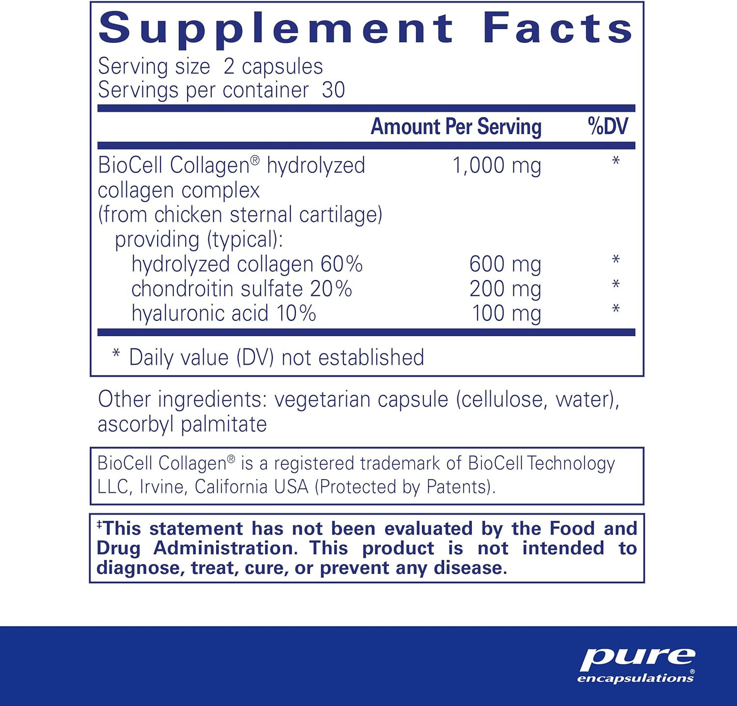 Supplement facts for a bottle of Pure Encapsulations Collagen JS dietary supplement