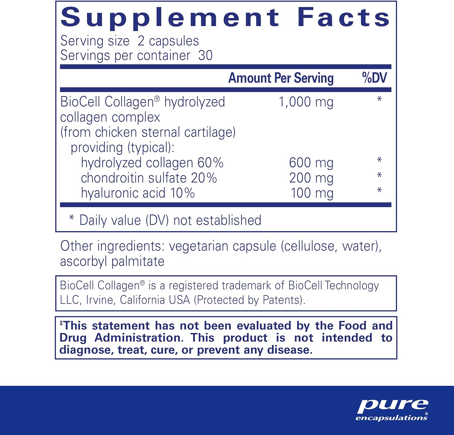 Supplement facts for a bottle of Pure Encapsulations Collagen JS dietary supplement