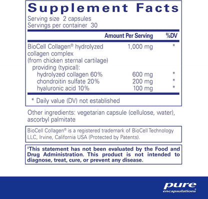 Supplement facts for a bottle of Pure Encapsulations Collagen JS dietary supplement
