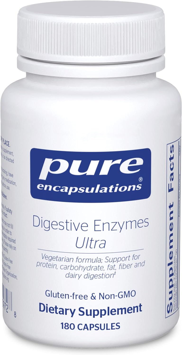 A bottle of Pure Encapsulations Digestive Enzymes Ultra dietary supplement.