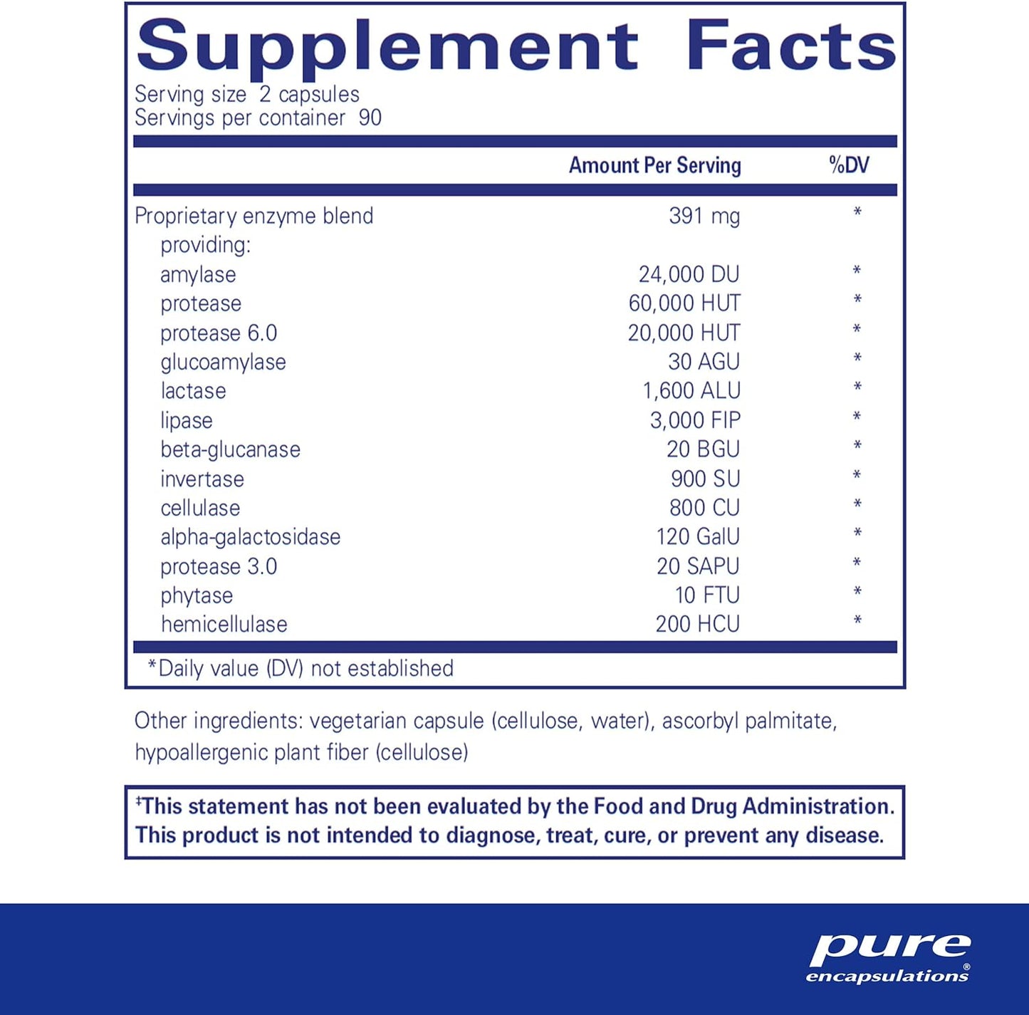 Supplement facts for a bottle of Pure Encapsulations Digestive Enzymes Ultra dietary supplement.