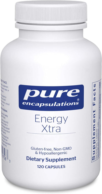 A bottle of Pure Encapsulations Energy Xtra dietary supplement with 120 capsules, labeled as gluten-free and non-GMO.