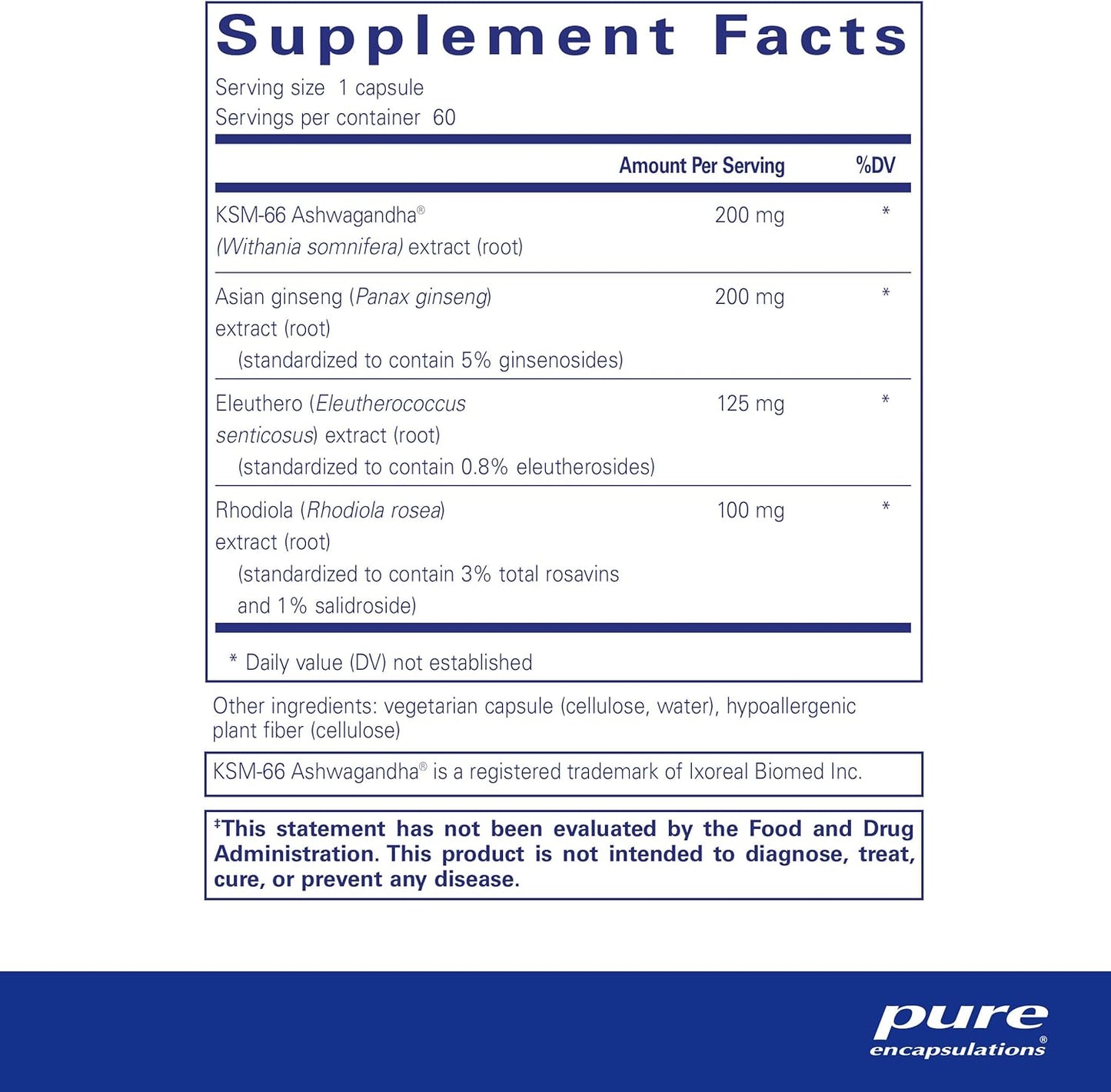 Supplement facts for a  bottle of Pure Encapsulations Energy Xtra dietary supplement