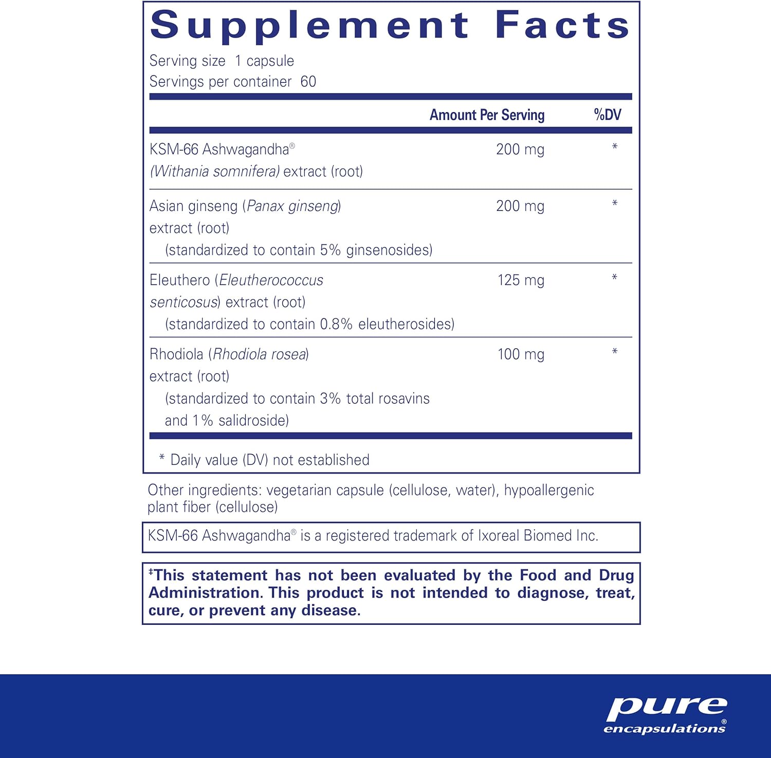 Supplement facts for a  bottle of Pure Encapsulations Energy Xtra dietary supplement