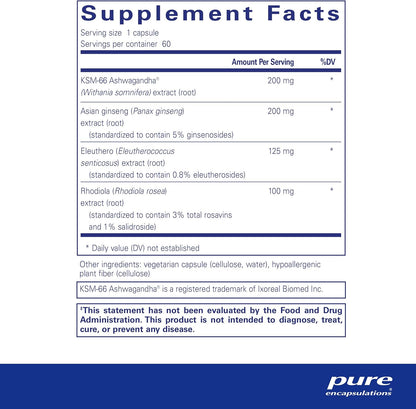 Supplement facts for a  bottle of Pure Encapsulations Energy Xtra dietary supplement