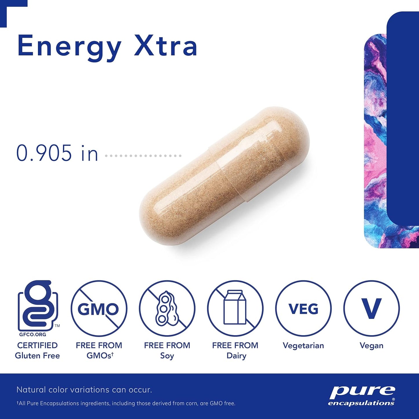 A brown, Pure Encapsulations Energy Xtra dietary supplement capsule that measures .905 inches long and is GF, GMO free, Soy free, Dairy free, Vegetarian, and Vegan