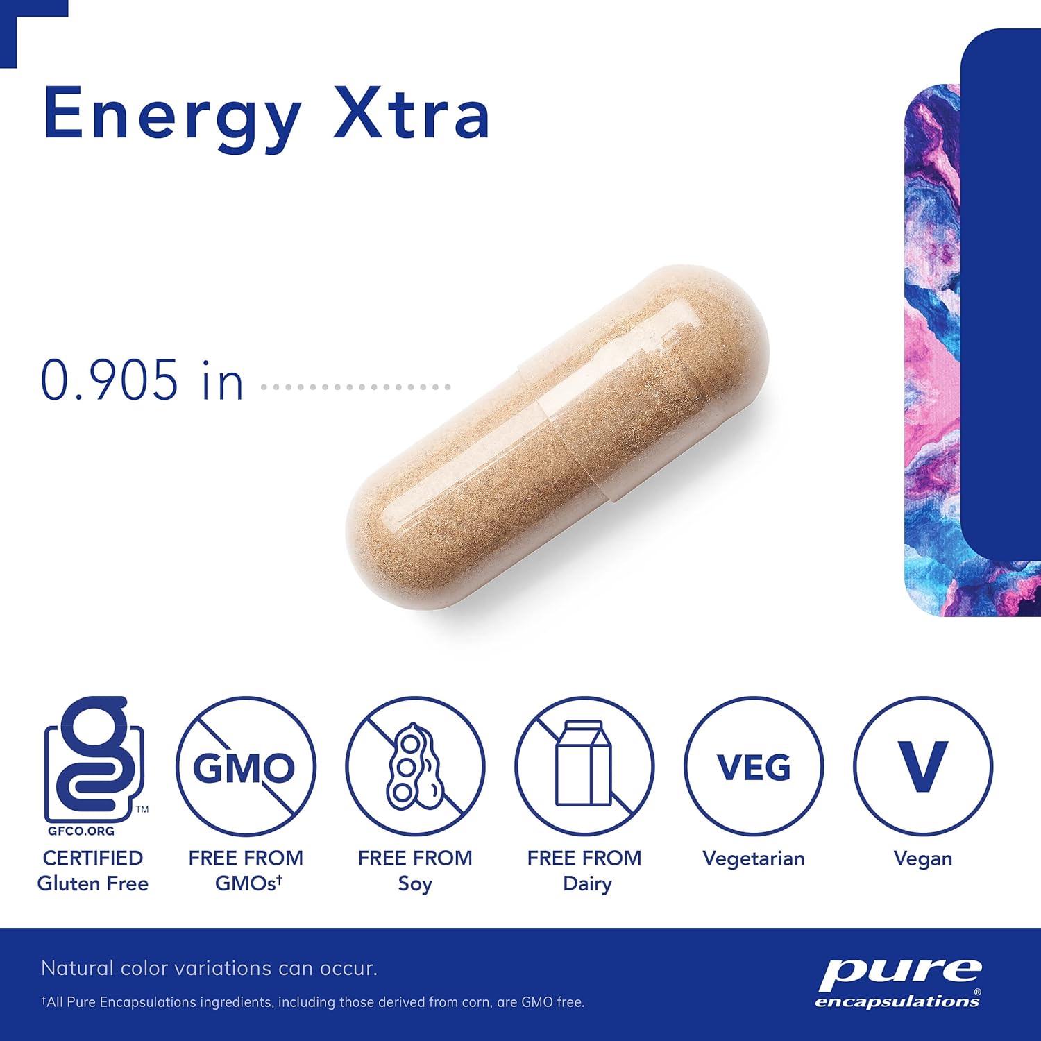 A brown, Pure Encapsulations Energy Xtra dietary supplement capsule that measures .905 inches long and is GF, GMO free, Soy free, Dairy free, Vegetarian, and Vegan