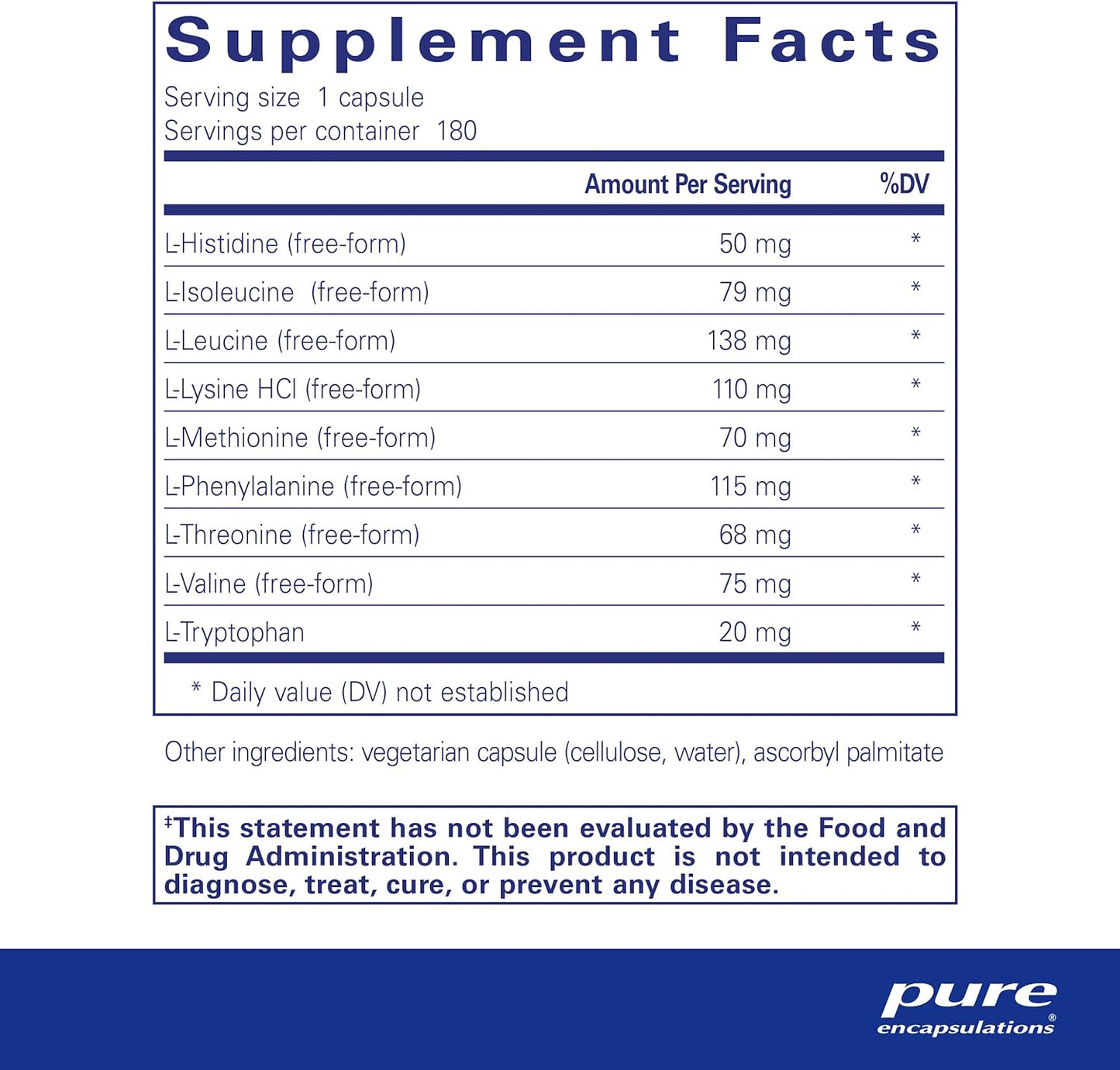 Supplement facts for a bottle of  Pure Encapsulations Essential Aminos