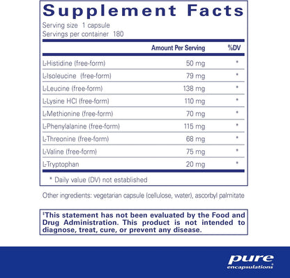 Supplement facts for a bottle of  Pure Encapsulations Essential Aminos