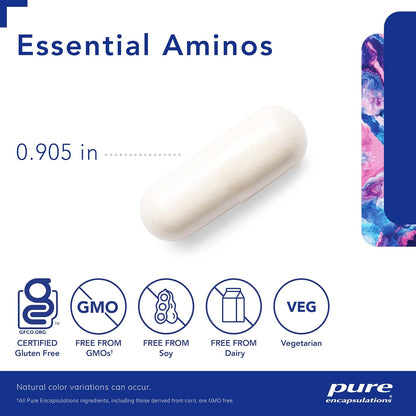 A white Pure Encapsulations Essential Aminos capsule that measures .905 inches and is GF, GMO free, Soy free, Dairy free, and vegetarian,