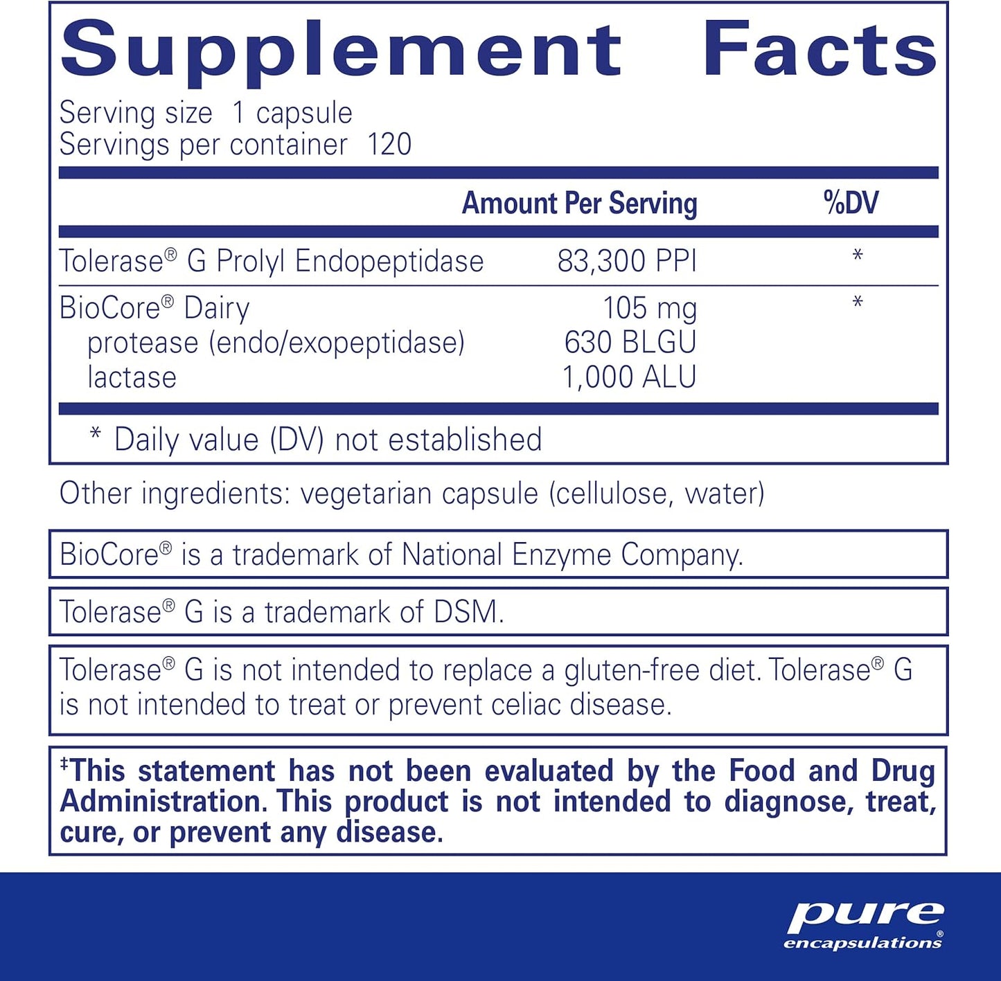 Supplement facts for a  bottle of Pure Encapsulations Gluten/Dairy Digest dietary supplement