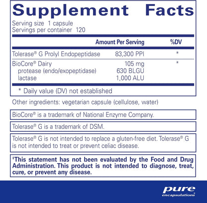 Supplement facts for a  bottle of Pure Encapsulations Gluten/Dairy Digest dietary supplement