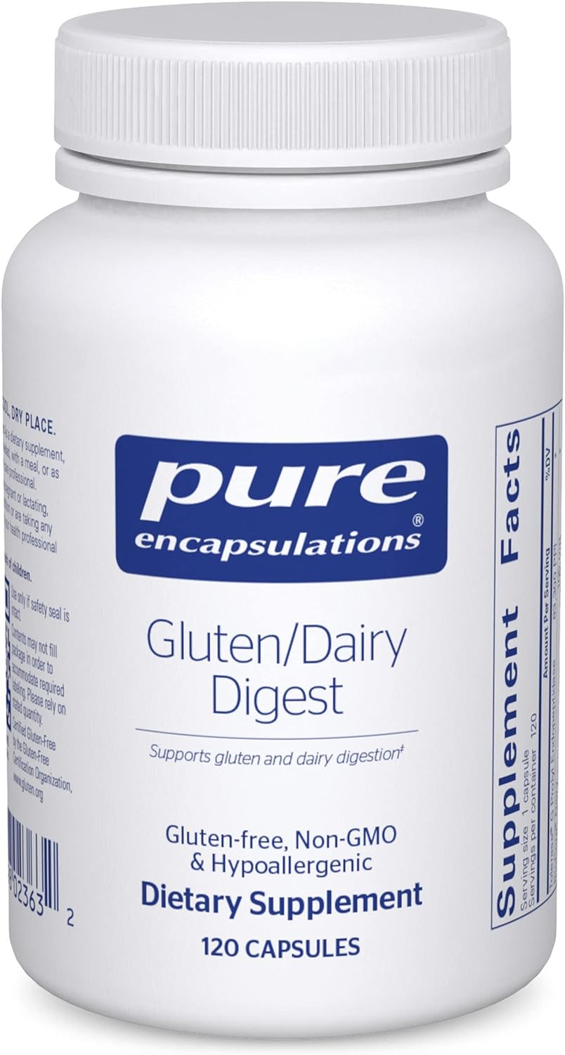 A bottle of Pure Encapsulations Gluten/Dairy Digest dietary supplement with 120 capsules.