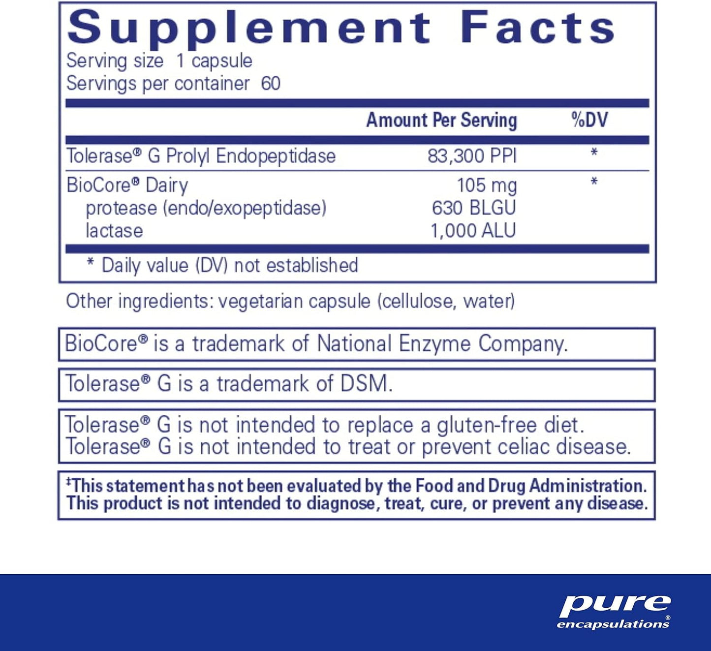 Supplement facts for a  bottle of Pure Encapsulations Gluten/Dairy Digest dietary supplement