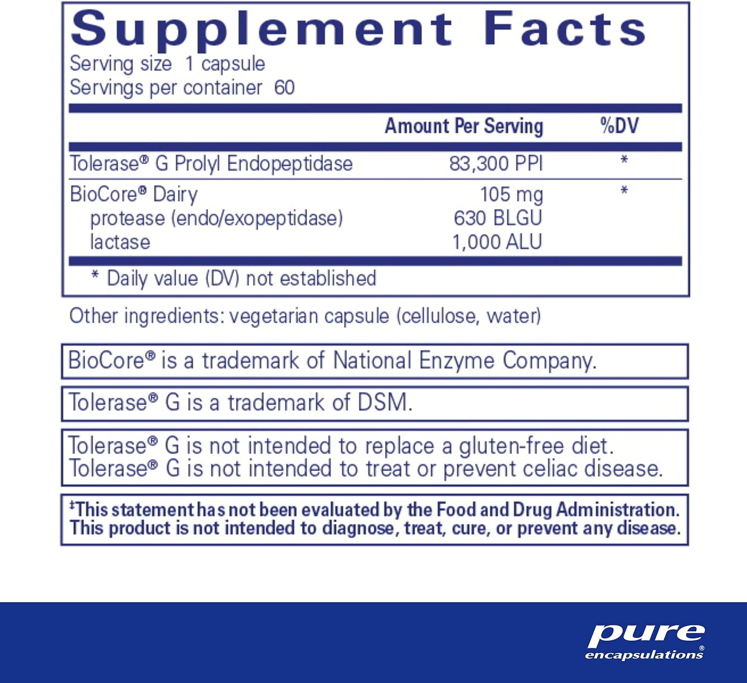 Supplement facts for a  bottle of Pure Encapsulations Gluten/Dairy Digest dietary supplement
