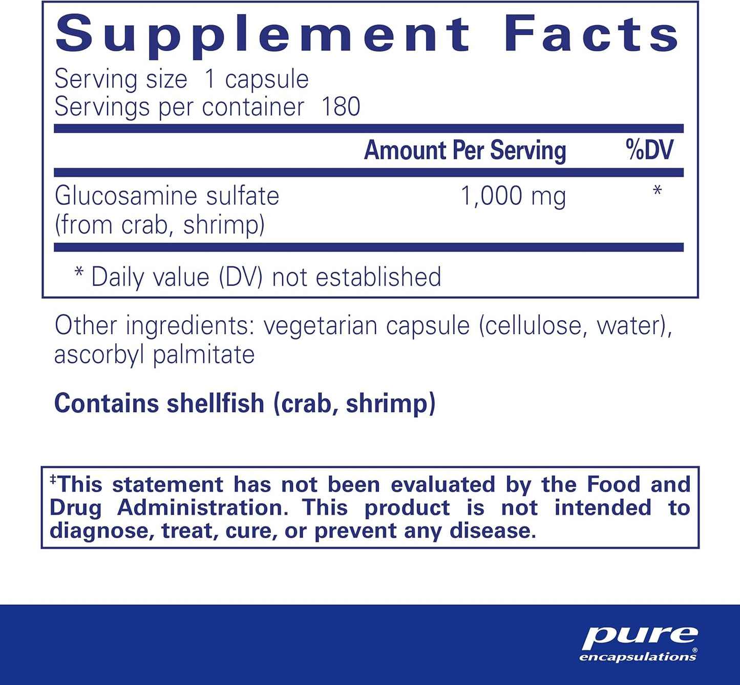 Supplement facts for a bottle of Pure Encapsulations Glucosamine Sulfate 1,000 mg dietary supplement