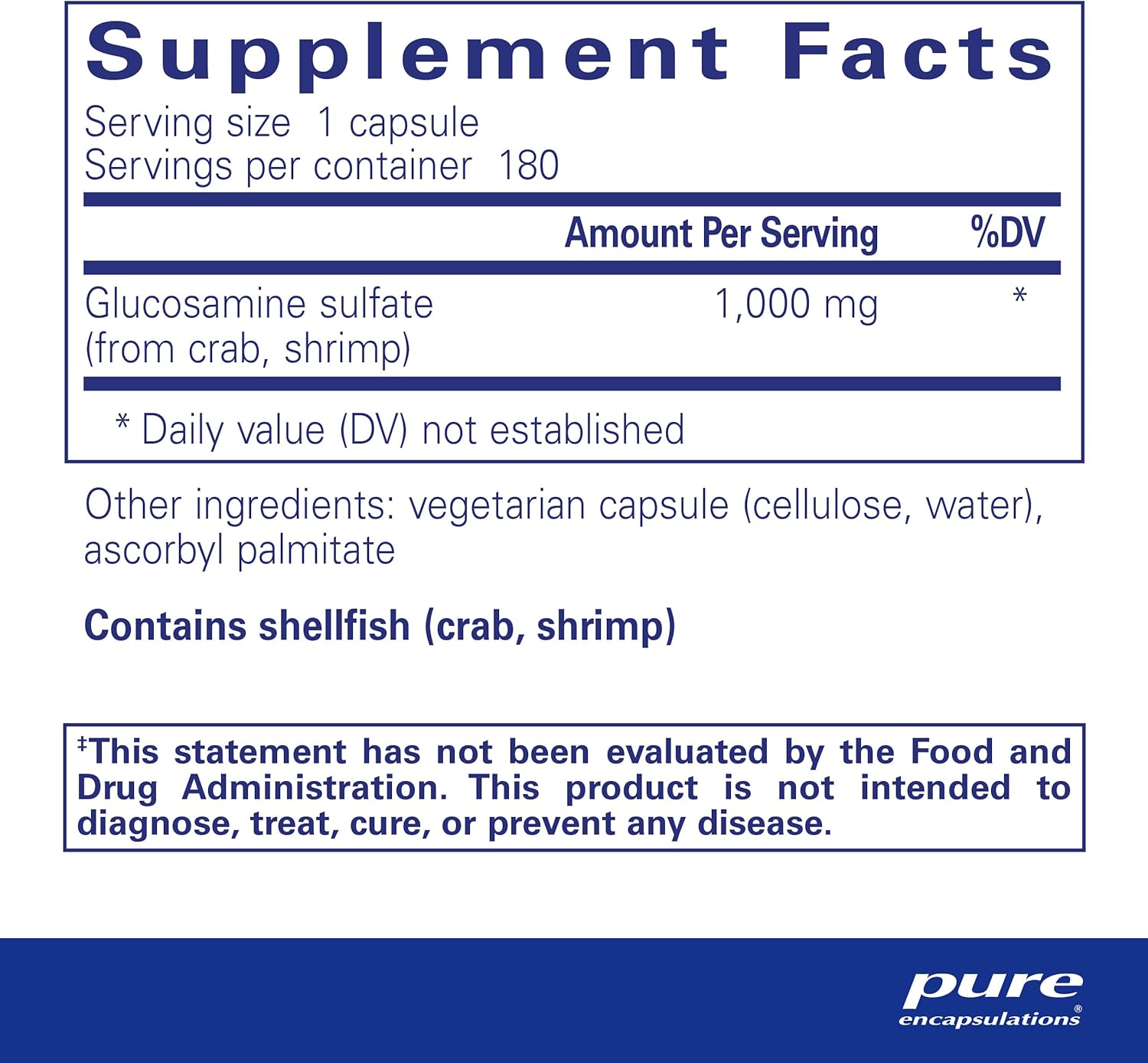 Supplement facts for a bottle of Pure Encapsulations Glucosamine Sulfate 1,000 mg dietary supplement
