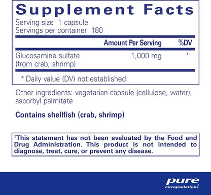 Supplement facts for a bottle of Pure Encapsulations Glucosamine Sulfate 1,000 mg dietary supplement