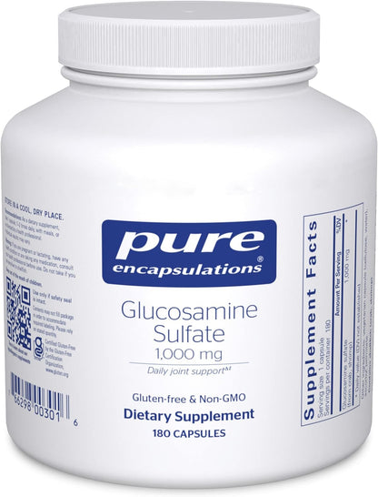 A bottle of Pure Encapsulations Glucosamine Sulfate 1,000 mg dietary supplement containing 180 capsules.