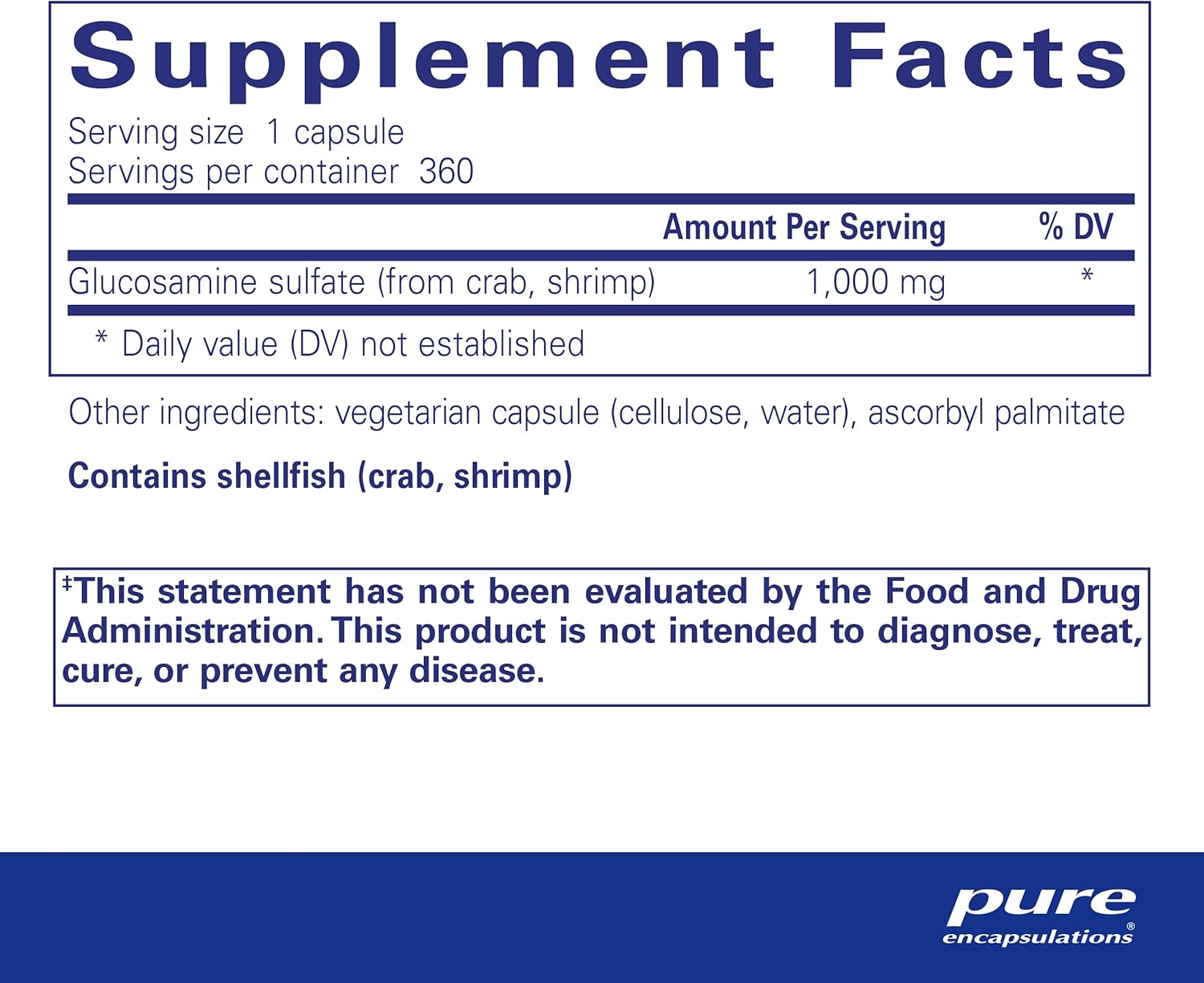 Supplement facts for a bottle of Pure Encapsulations Glucosamine Sulfate 1,000 mg dietary supplement
