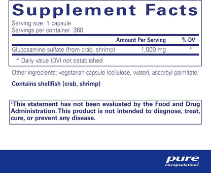 Supplement facts for a bottle of Pure Encapsulations Glucosamine Sulfate 1,000 mg dietary supplement