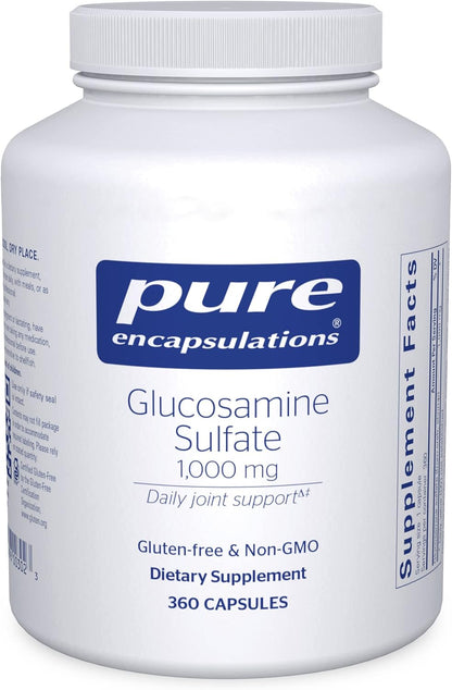 A bottle of Pure Encapsulations Glucosamine Sulfate 1,000 mg dietary supplement containing 360 capsules.