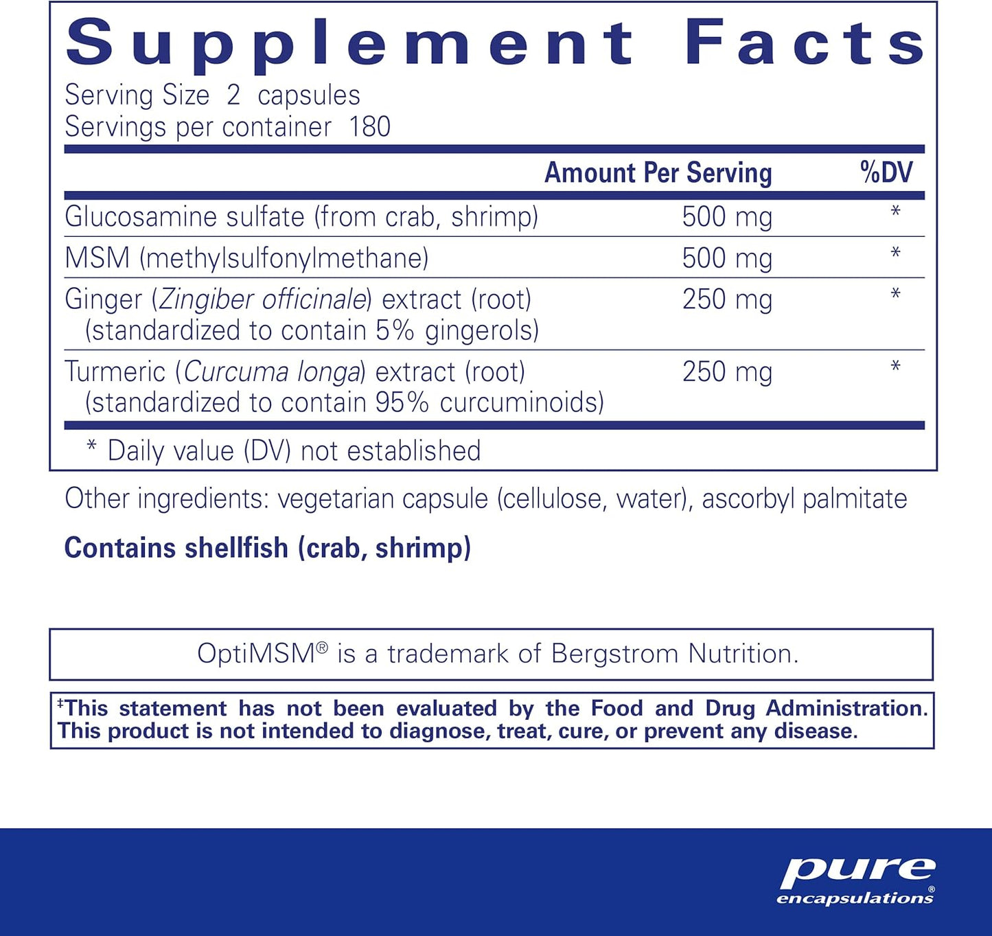 Supplement facts for a bottle of Pure Encapsulations Glucosamine MSM with joint comfort herbs dietary supplement