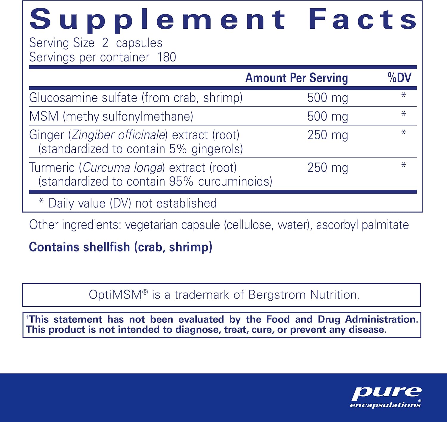 Supplement facts for a bottle of Pure Encapsulations Glucosamine MSM with joint comfort herbs dietary supplement