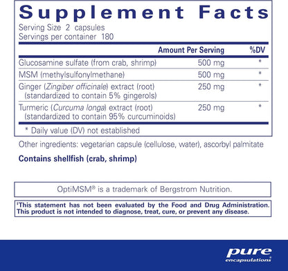 Supplement facts for a bottle of Pure Encapsulations Glucosamine MSM with joint comfort herbs dietary supplement