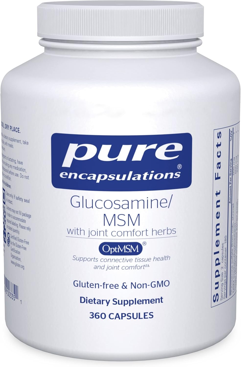 A bottle of Pure Encapsulations Glucosamine MSM with joint comfort herbs dietary supplement containing 360 capsules.