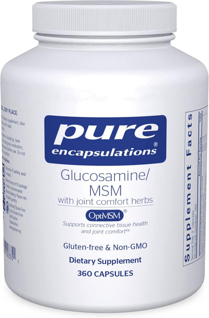 A bottle of Pure Encapsulations Glucosamine MSM with joint comfort herbs dietary supplement containing 360 capsules.