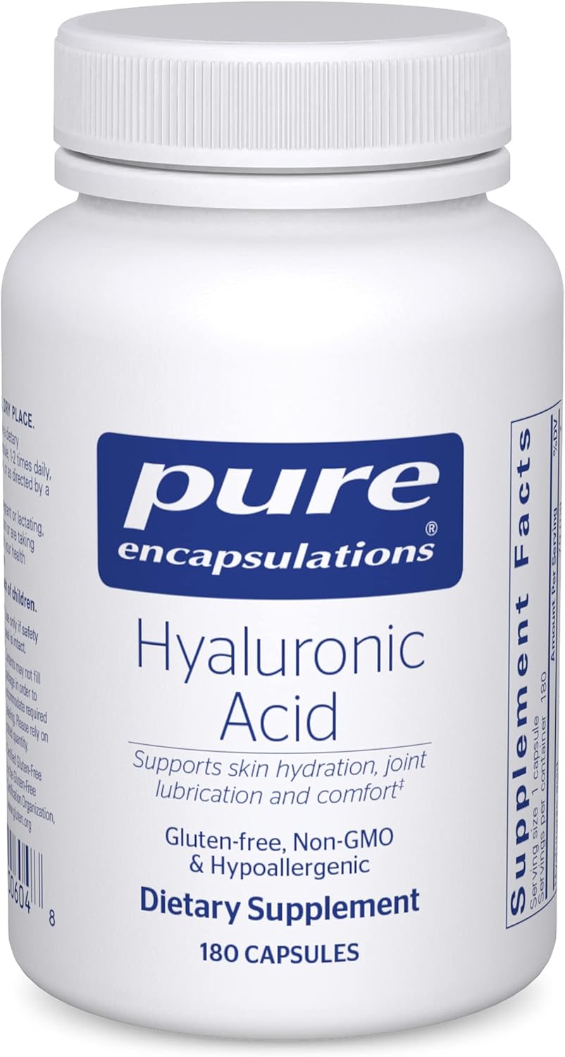 A bottle of Pure Encapsulations Hyaluronic Acid dietary supplement containing 180 capsules. The label is white with blue and red text, and the product is indicated to support joint function and skin health.