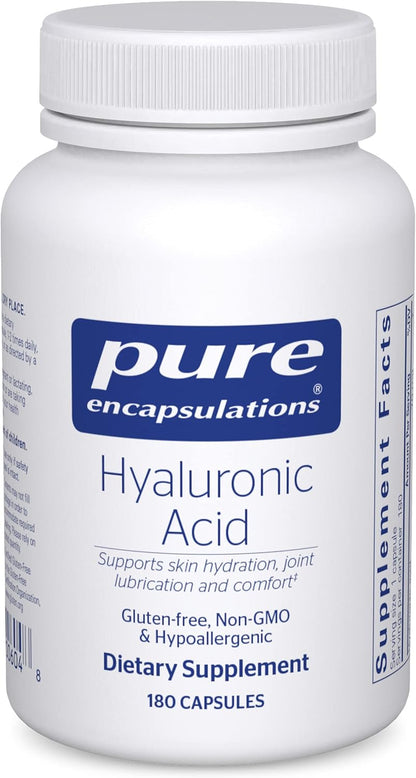A bottle of Pure Encapsulations Hyaluronic Acid dietary supplement containing 180 capsules. The label is white with blue and red text, and the product is indicated to support joint function and skin health.
