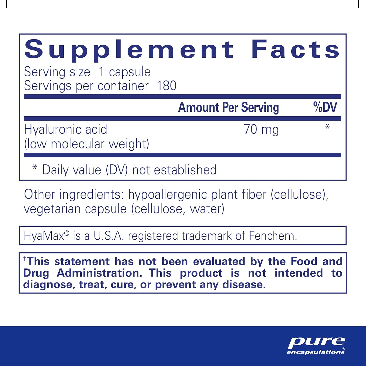 Supplement facts for a  bottle of Pure Encapsulations Hyaluronic Acid dietary supplement
