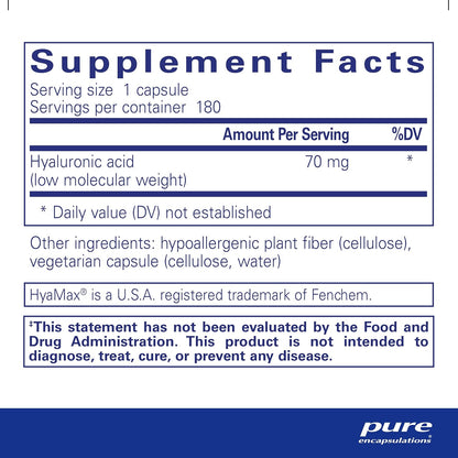Supplement facts for a  bottle of Pure Encapsulations Hyaluronic Acid dietary supplement