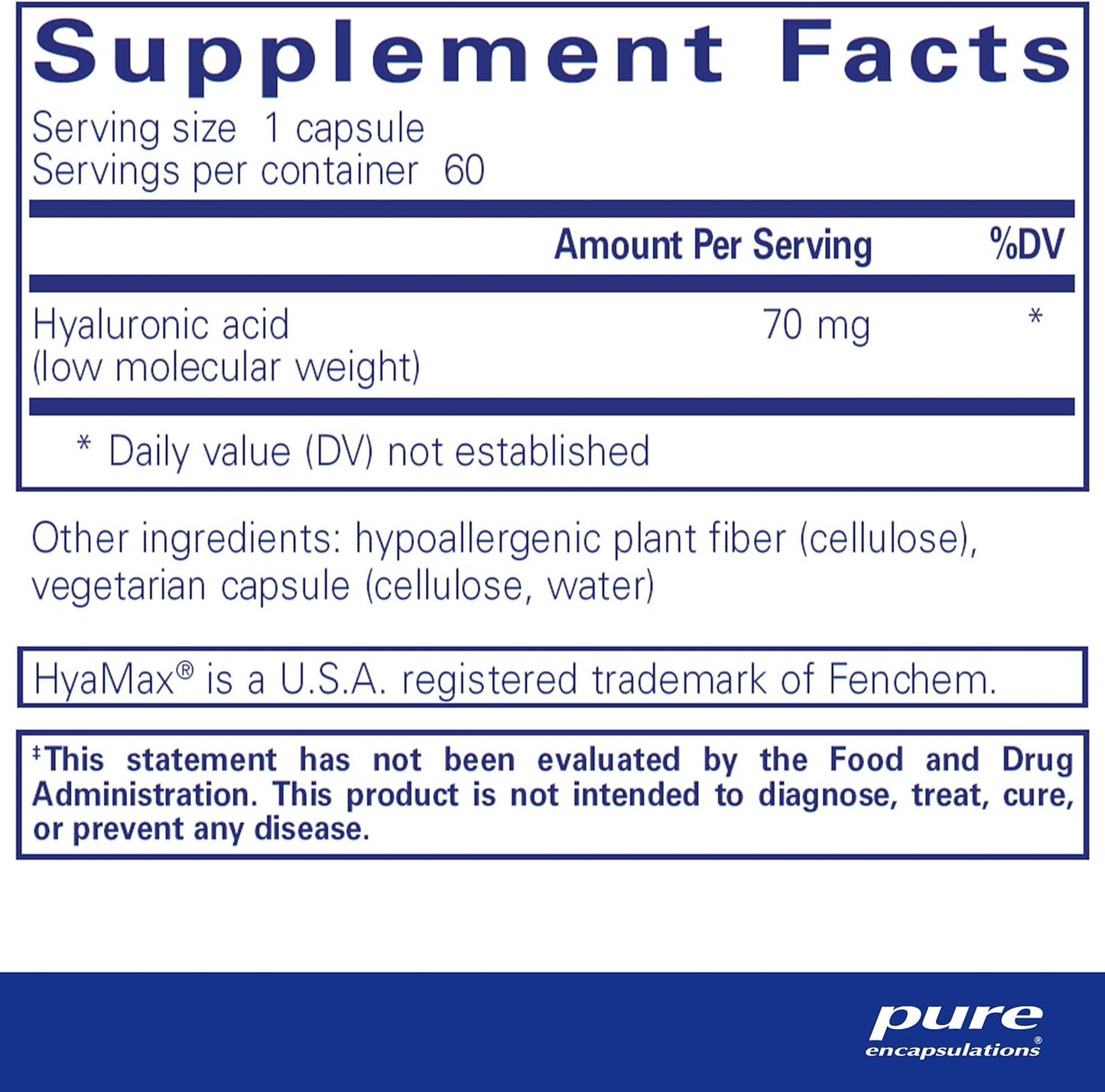 Supplement facts for a bottle of Pure Encapsulations Hyaluronic Acid dietary supplement 