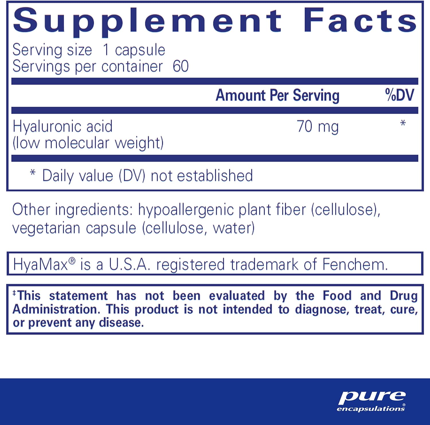Supplement facts for a bottle of Pure Encapsulations Hyaluronic Acid dietary supplement 
