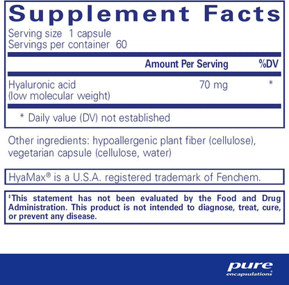 Supplement facts for a bottle of Pure Encapsulations Hyaluronic Acid dietary supplement 