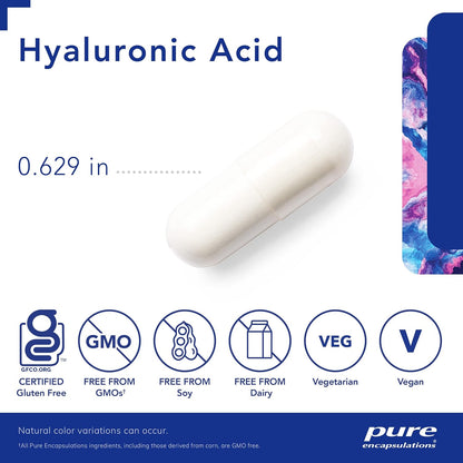 A white,  Pure Encapsulations Hyaluronic Acid dietary supplement that measures .629 inches and is GF, GMO free, Soy free, Dairy free, vegetarian, and vegan