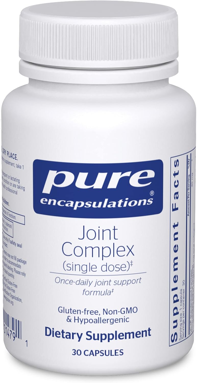 A bottle of Pure Encapsulations Joint Complex dietary supplement with 30 capsules. The label is white and blue with the brand logo and product information.
