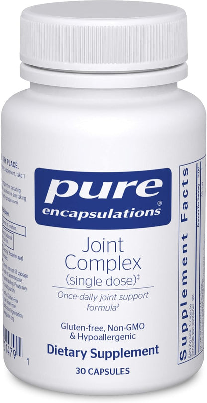 A bottle of Pure Encapsulations Joint Complex dietary supplement with 30 capsules. The label is white and blue with the brand logo and product information.