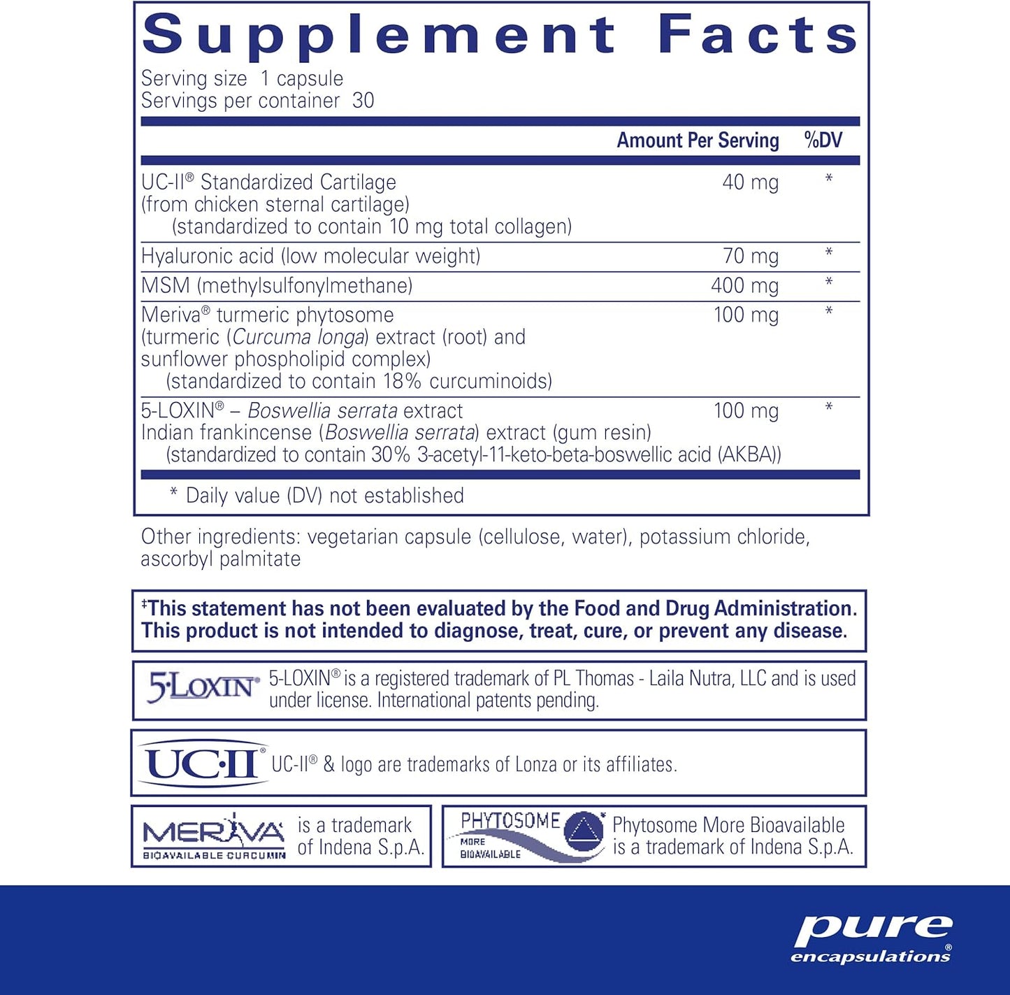 Supplement facts for a  bottle of Pure Encapsulations Joint Complex dietary supplement 