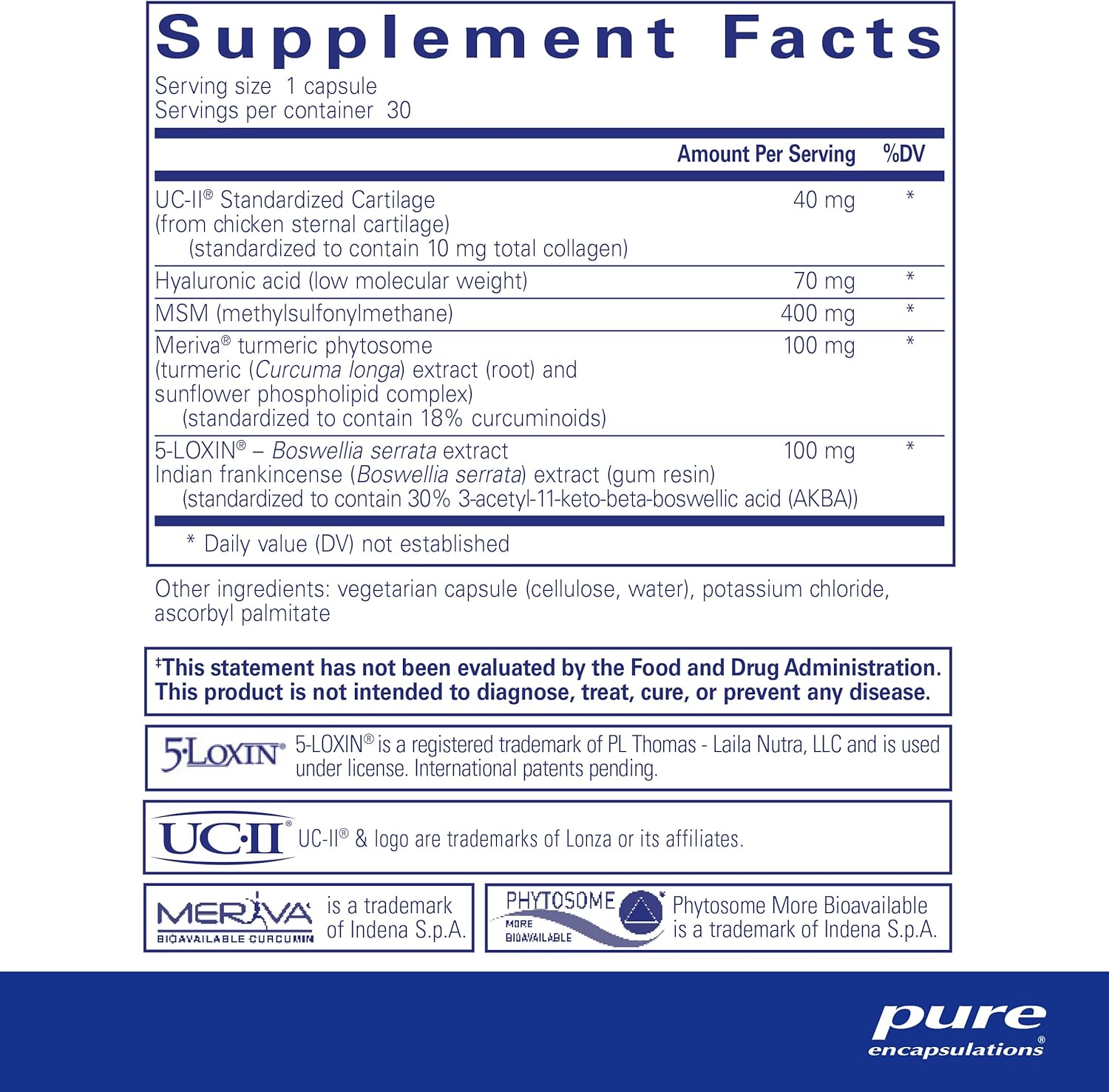 Supplement facts for a  bottle of Pure Encapsulations Joint Complex dietary supplement 