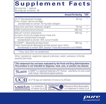 Supplement facts for a  bottle of Pure Encapsulations Joint Complex dietary supplement 