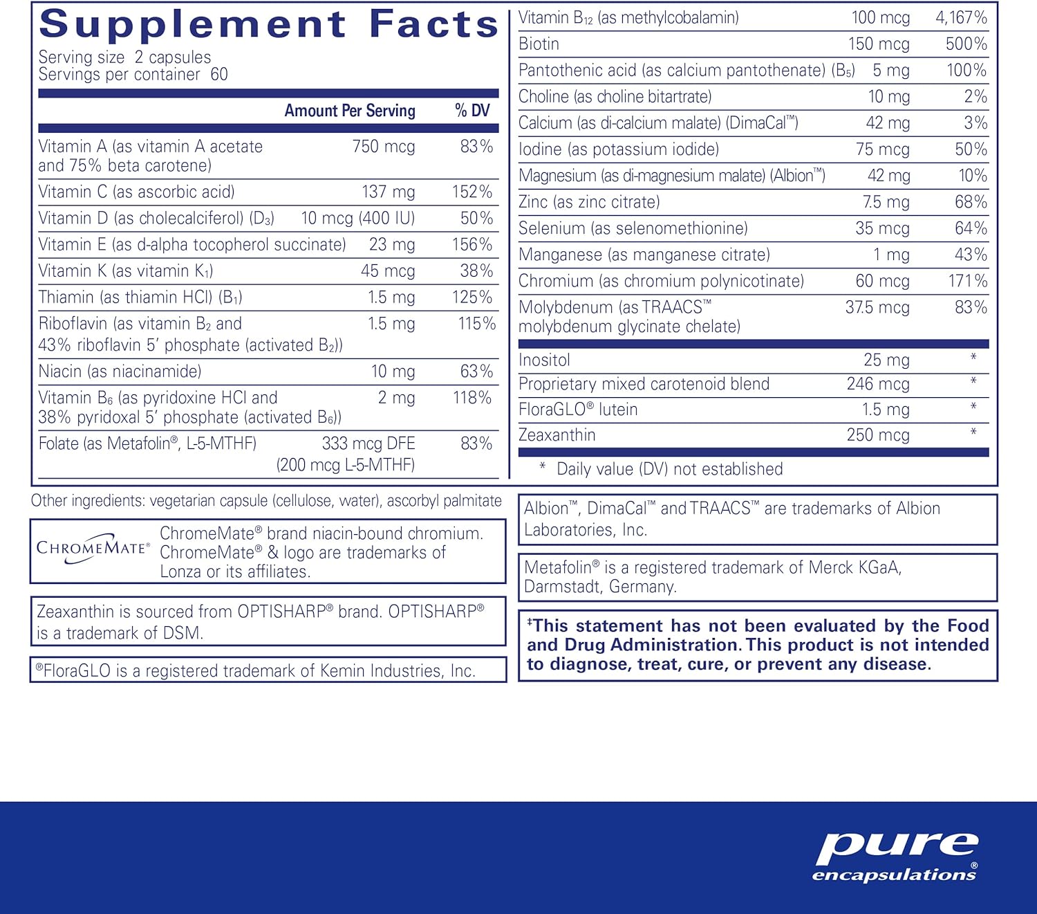 Supplement facts for a  bottle of Pure Encapsulations Junior Nutrients multivitamin supplements