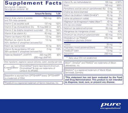 Supplement facts for a  bottle of Pure Encapsulations Junior Nutrients multivitamin supplements