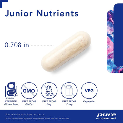 A tan, Pure Encapsulations Junior Nutrients multivitamin capsule that is GF, GMO free, Soy free, Dairy free, and vegetarian,