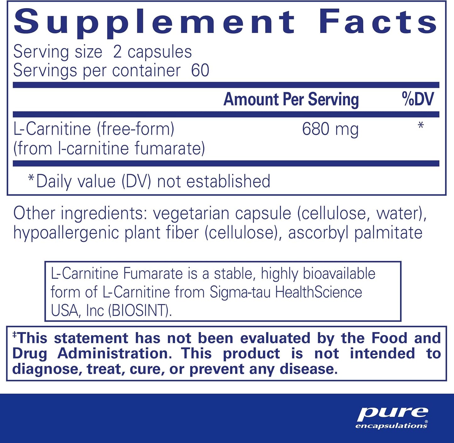 Supplement facts for a  bottle of Pure Encapsulations L-Carnitine Fumarate dietary supplement 