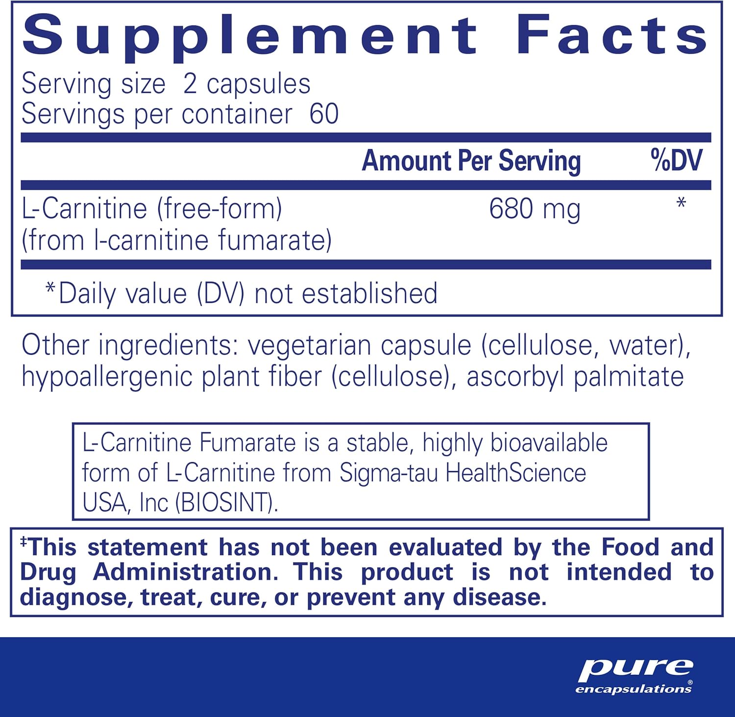 Supplement facts for a  bottle of Pure Encapsulations L-Carnitine Fumarate dietary supplement 