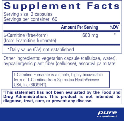 Supplement facts for a  bottle of Pure Encapsulations L-Carnitine Fumarate dietary supplement 